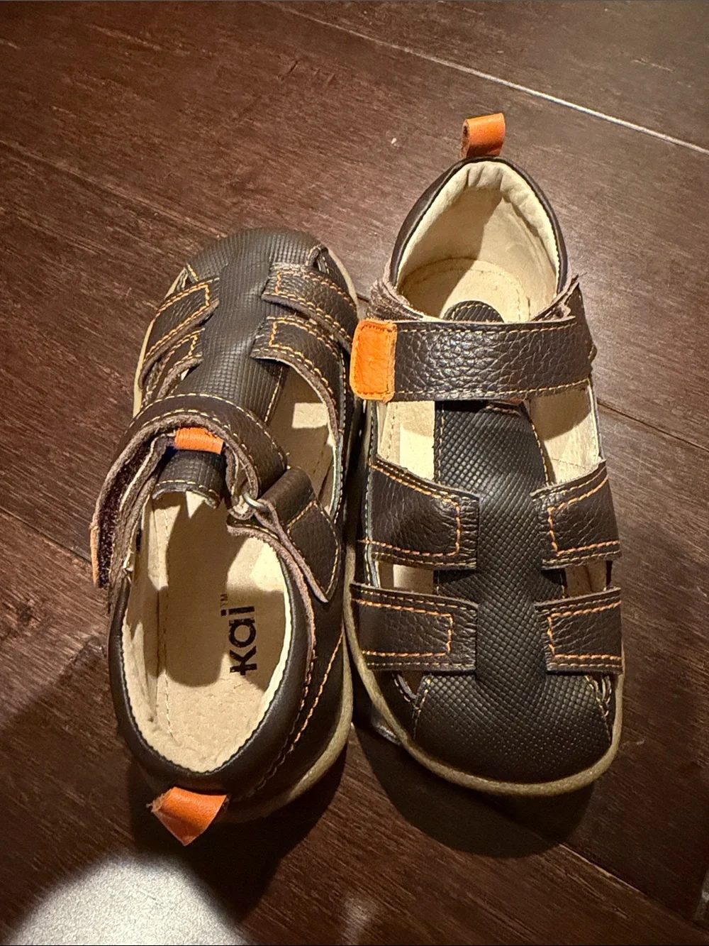 See Kai Run Brown Leather Closed-Toe Sandal with Orange Stitching